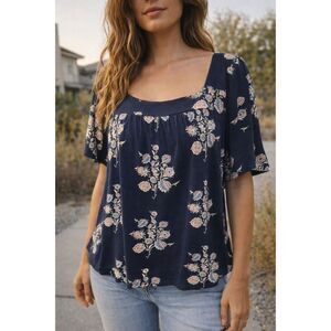 Lucky Brand Navy Floral Square Neck  Swing Top Short Sleeve Boho Blouse Size XXL